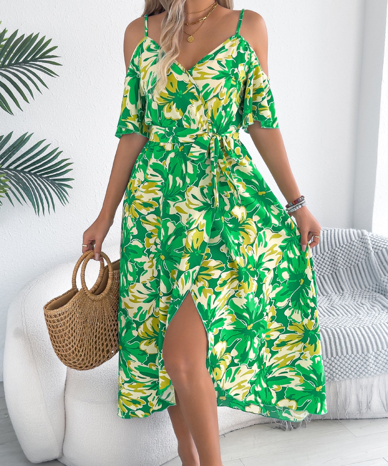 Floral Cold - Shoulder Tie - Waist Midi Dress