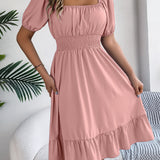 Square Neck Puff Sleeve Smocked Waist Ruffle A-Line Dress