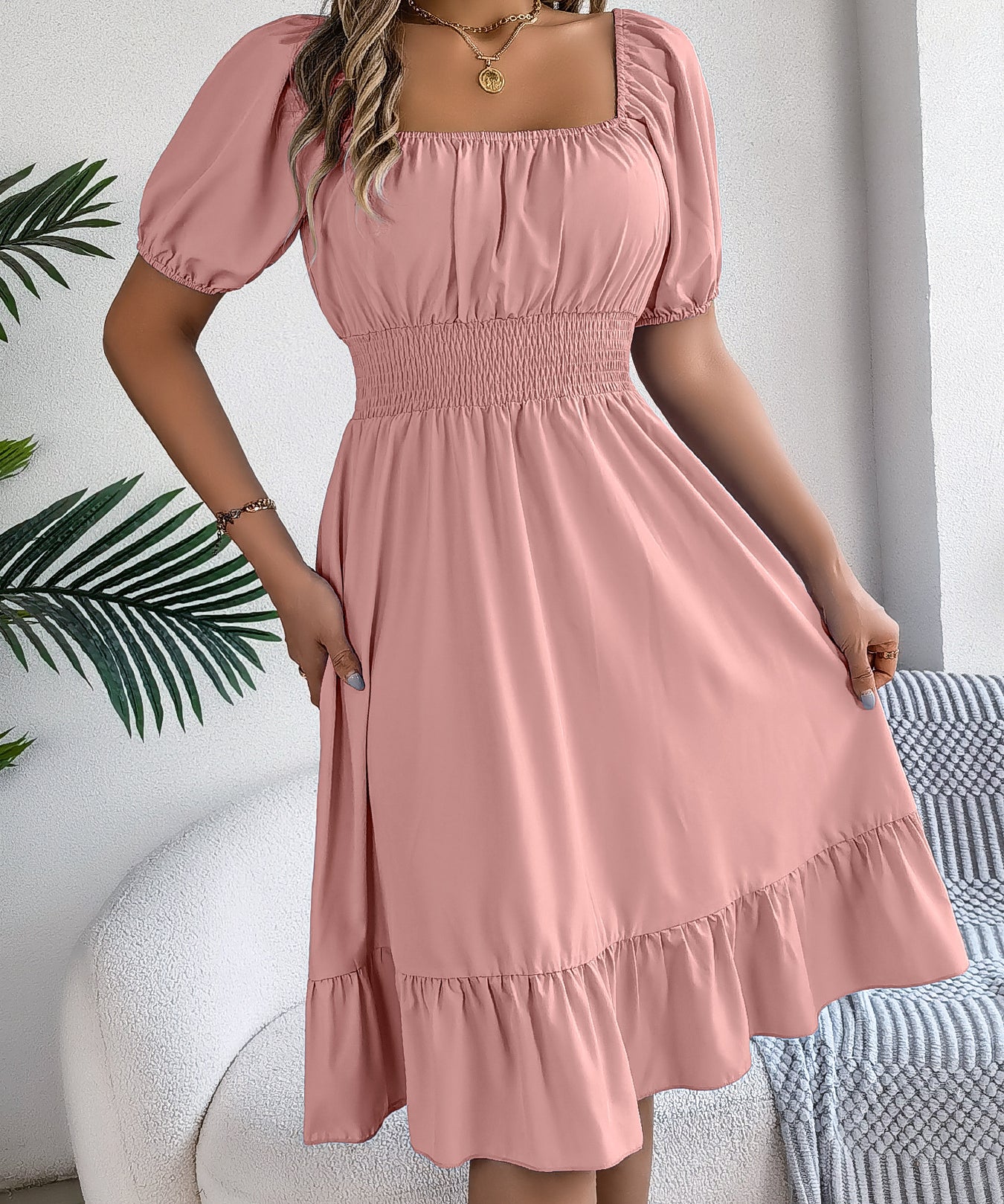 Square Neck Puff Sleeve Smocked Waist Ruffle A-Line Dress