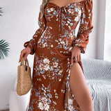 Floral Tie - Front Slit Midi Dress