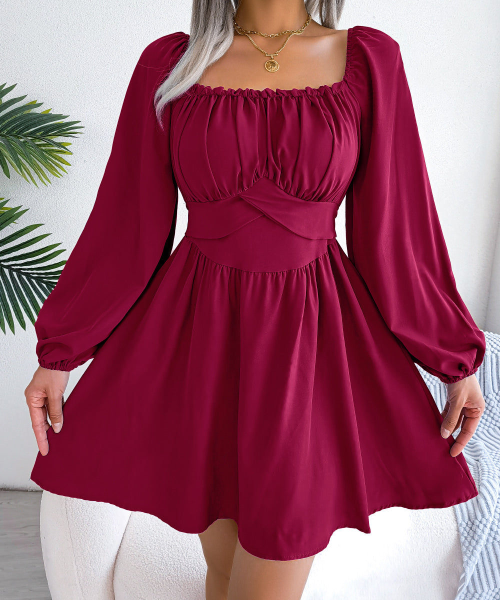 Solid Color Ruffle Square Neck Mini Dress
