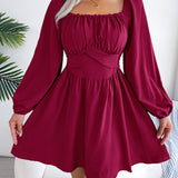 Solid Color Ruffle Square Neck Mini Dress