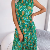 Ruffle Mock Neck Floral Pleated Midi Dress