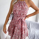 Halter Neck Floral Ruffle Mini Dress