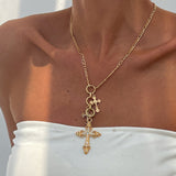 Vintage Diamond-Accented Cross Multi-Pendant Alloy Necklace