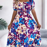 Floral Square Neck Puff Sleeve Midi Dress