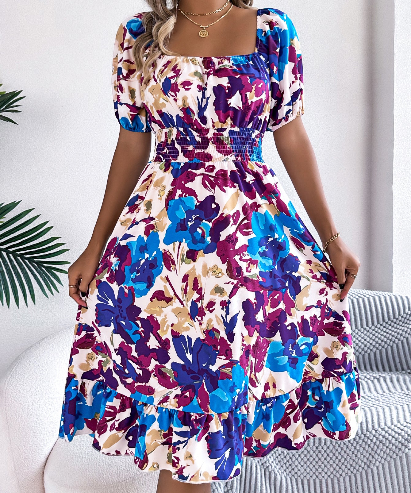 Floral Square Neck Puff Sleeve Midi Dress