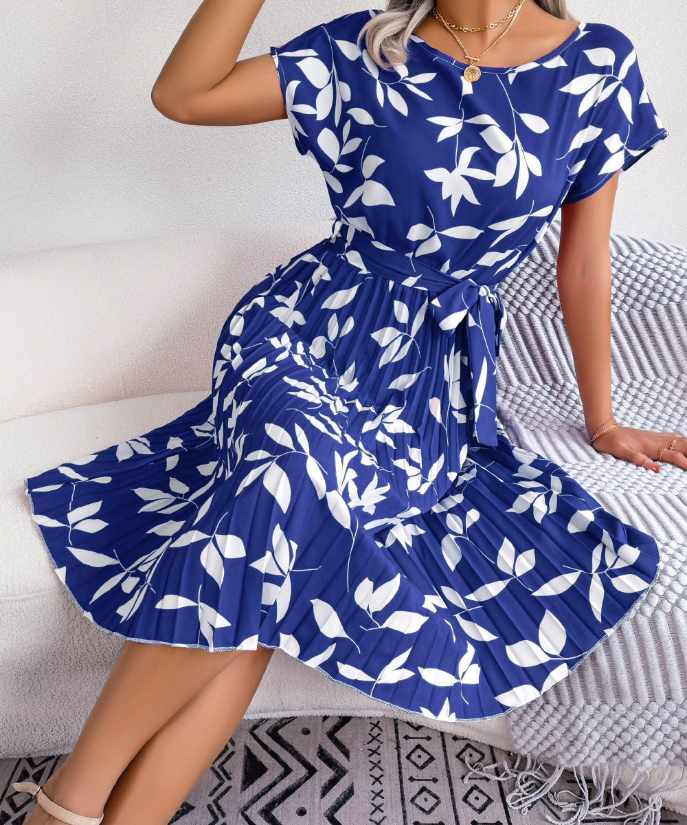 Leaf Print Belted Pleated Midi Dress