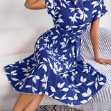 Leaf Print Belted Pleated Midi Dress