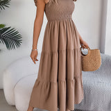 Solid Color Square Neck Ruffle Midi Dress