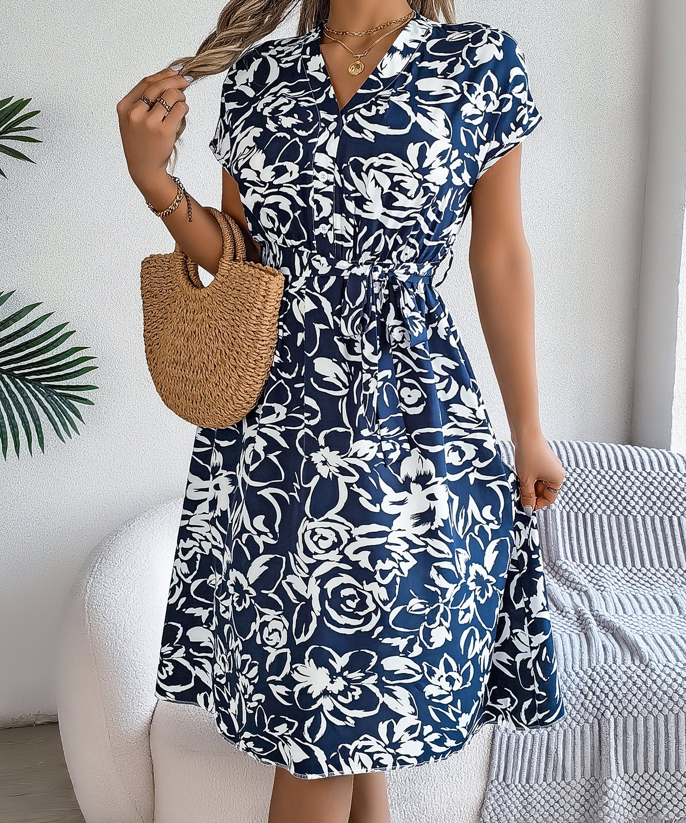 Floral V-Neck Batwing Sleeve Flowy Midi Dress