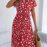 Heart Print Tie - Waist Pleated Dress