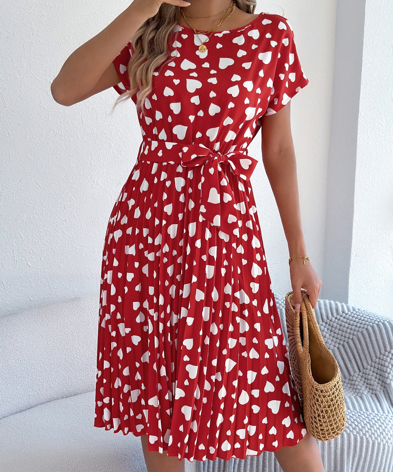 Heart Print Tie - Waist Pleated Dress