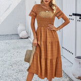 Smocked Tiered Midi Dress with Lace-Trim Sleeves