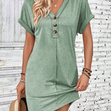 Button - Accent V - Neck Dolman Sleeve Mini Dress