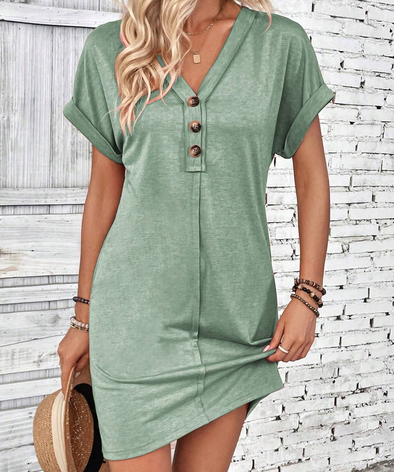 Button - Accent V - Neck Dolman Sleeve Mini Dress