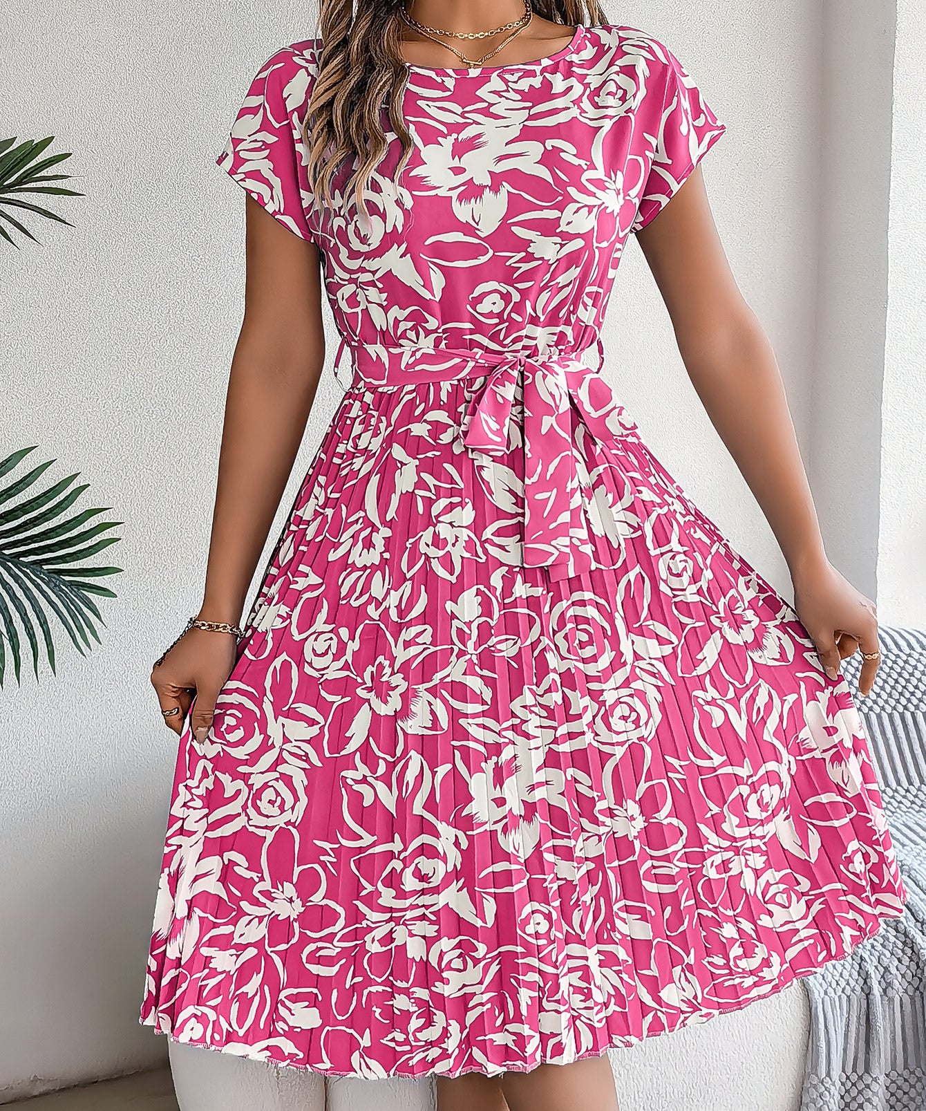 Floral Pleated Tie - Waist Midi Dress