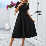 Smocked Tiered Midi Dress with Lace-Trim Sleeves