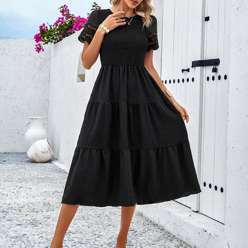 Smocked Tiered Midi Dress with Lace-Trim Sleeves