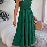 Solid Color Square Neck Ruffle Midi Dress
