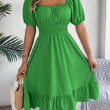 Square Neck Puff Sleeve Smocked Waist Ruffle A-Line Dress