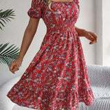 Floral Square Neck Smocked Waist Ruffle A-Line Dress