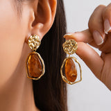 French - Style Metallic Pleated Stone Drop Earrings
