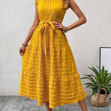 Ruffled Flutter Sleeve Belted Textured Midi Dress