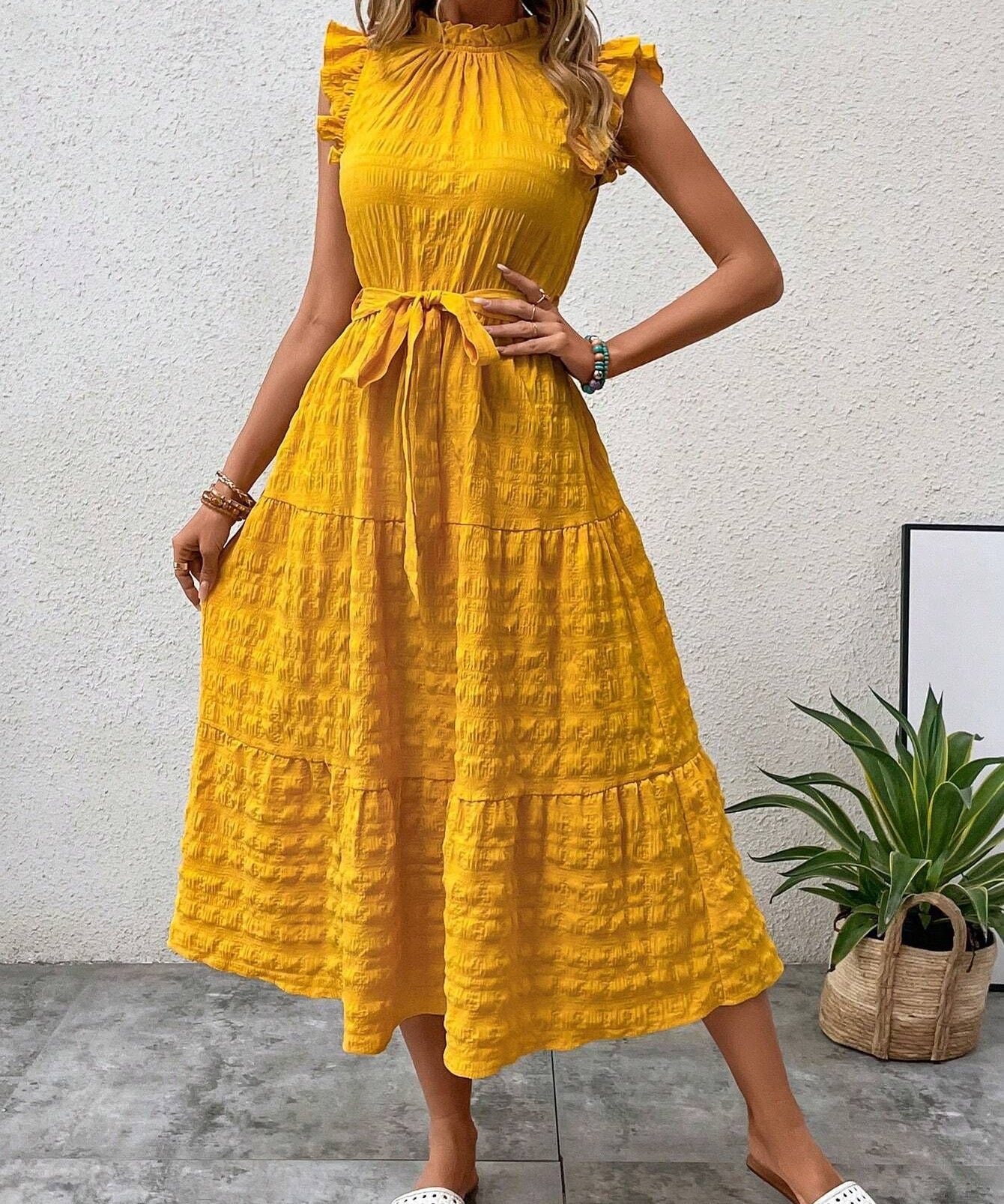 Ruffled Flutter Sleeve Belted Textured Midi Dress