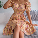 Floral Square Neck Smocked Waist Ruffle A-Line Dress