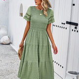 Smocked Tiered Midi Dress with Lace-Trim Sleeves