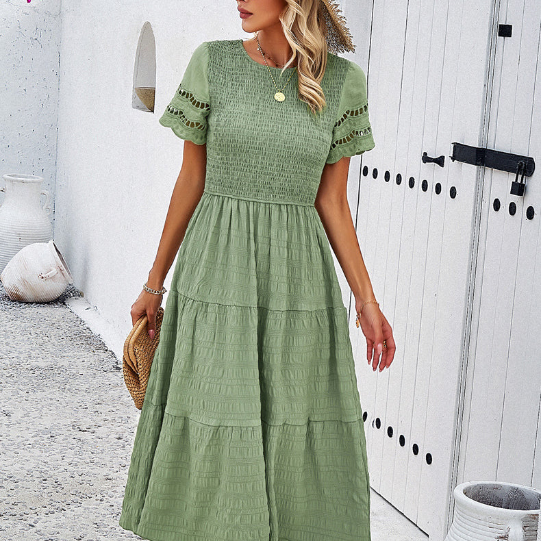 Smocked Tiered Midi Dress with Lace-Trim Sleeves