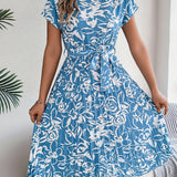 Floral Pleated Tie - Waist Midi Dress