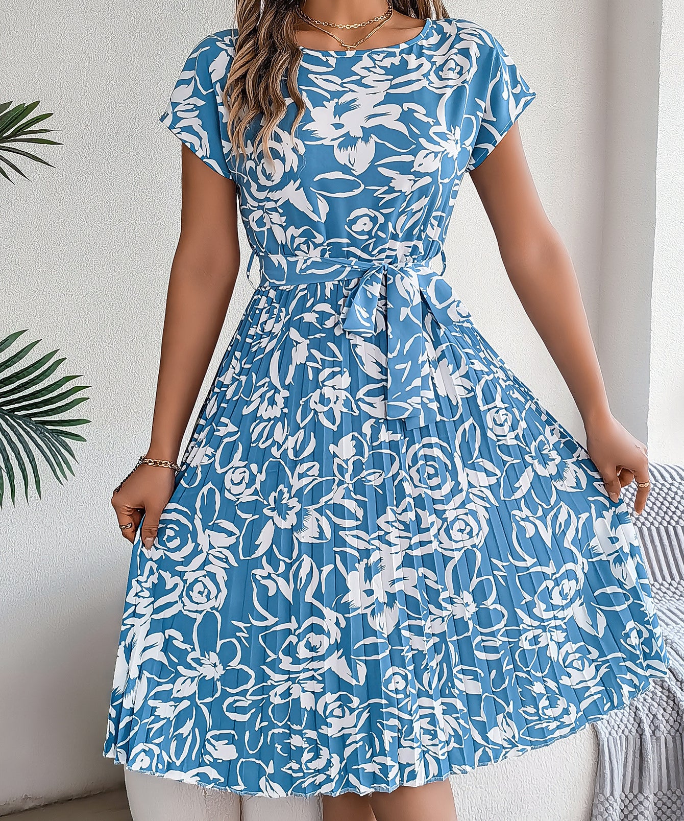 Floral Pleated Tie - Waist Midi Dress