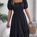 Square Neck Puff Sleeve Smocked Waist Ruffle A-Line Dress