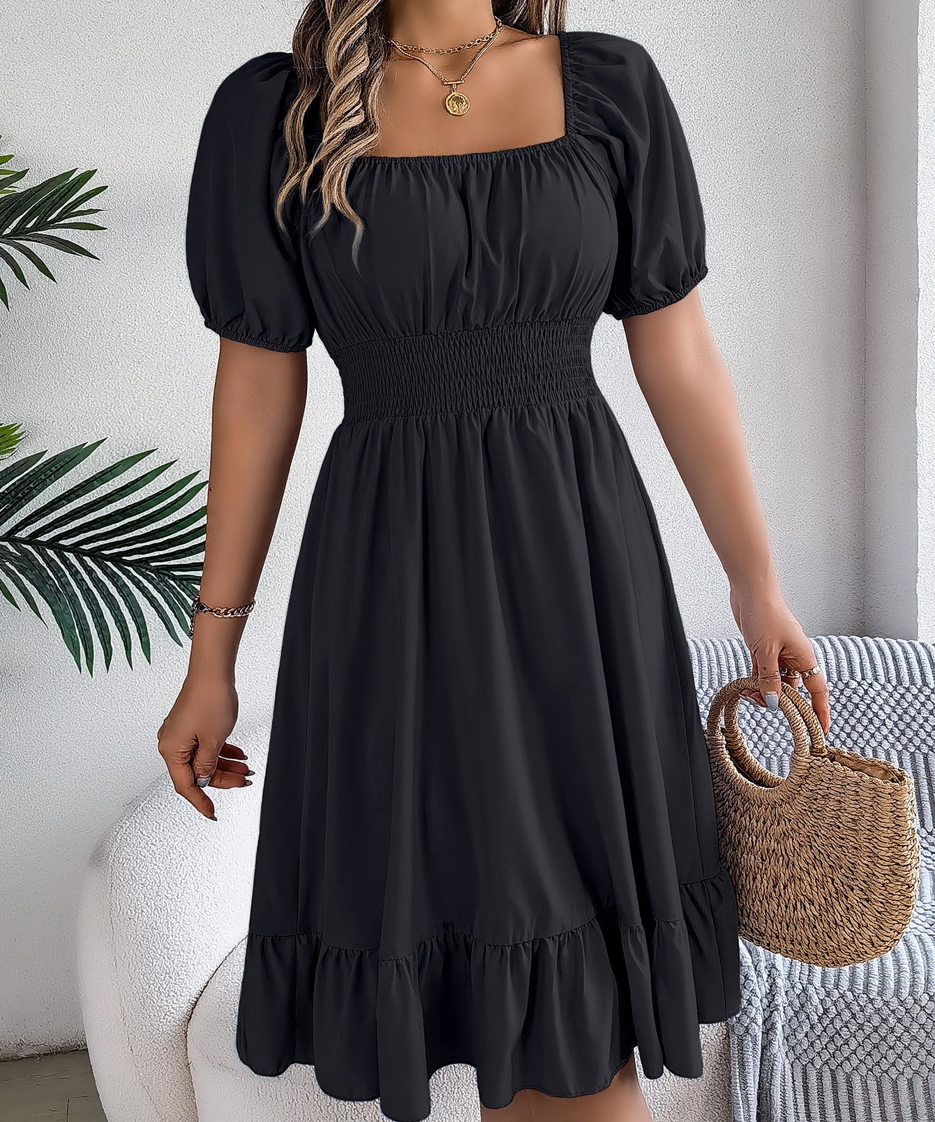 Square Neck Puff Sleeve Smocked Waist Ruffle A-Line Dress