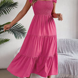 Solid Color Square Neck Ruffle Midi Dress