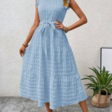 Ruffled Flutter Sleeve Belted Textured Midi Dress