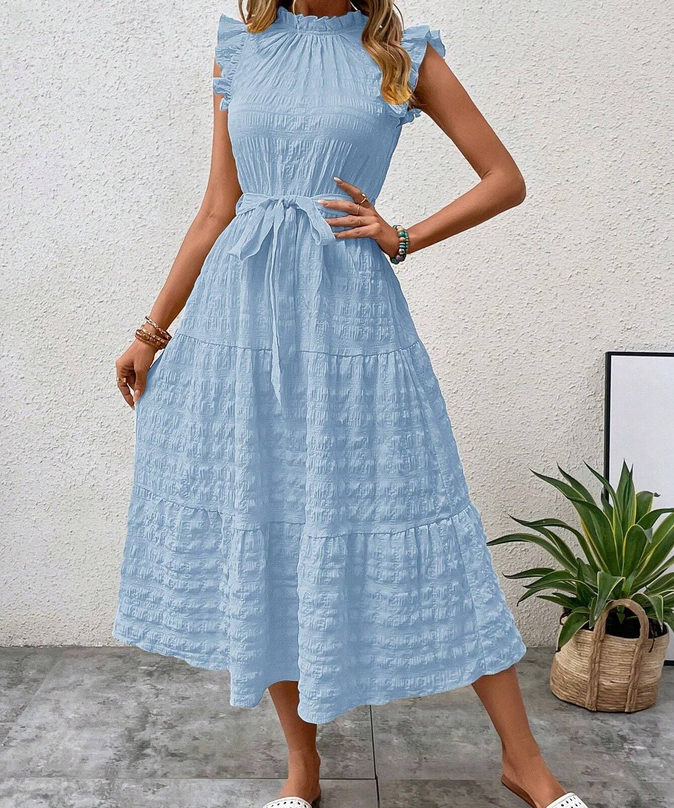 Ruffled Flutter Sleeve Belted Textured Midi Dress