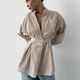 Striped V-Neck Belted Long Sleeve Blouse
