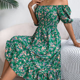 Floral Square Neck Smocked Waist Ruffle A-Line Dress