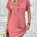 Button - Accent V - Neck Dolman Sleeve Mini Dress