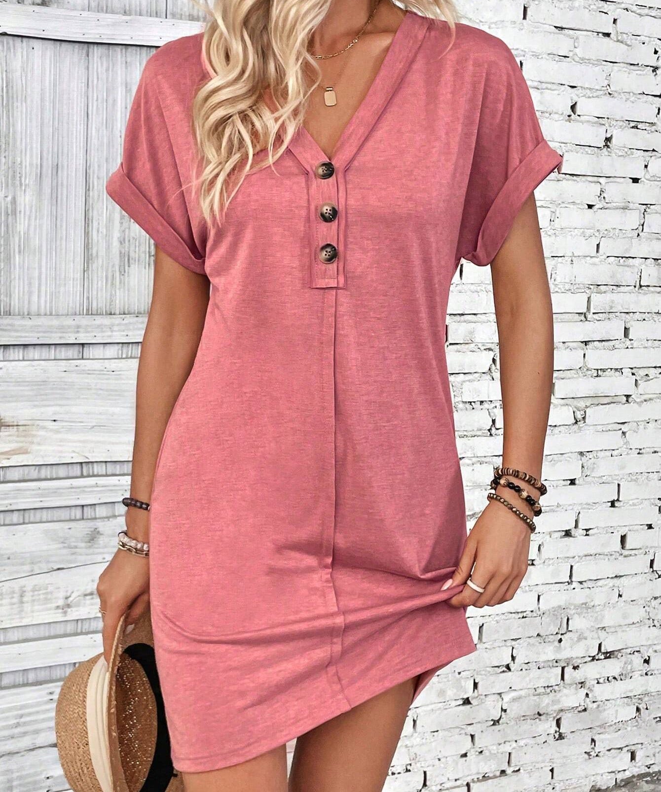 Button - Accent V - Neck Dolman Sleeve Mini Dress