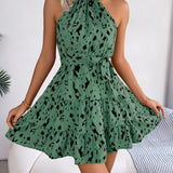 Spring Summer Leopard Print Halter Ruffle Mini Dress