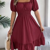Square Neck Puff Sleeve Smocked Waist Ruffle A-Line Dress