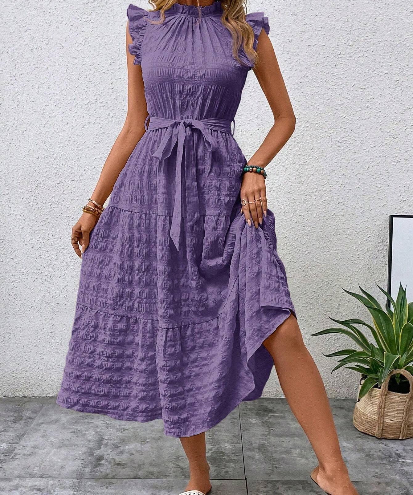 Ruffled Flutter Sleeve Belted Textured Midi Dress
