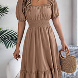 Square Neck Puff Sleeve Smocked Waist Ruffle A-Line Dress