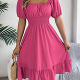 Square Neck Puff Sleeve Smocked Waist Ruffle A-Line Dress