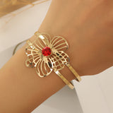 Gold-Plated Titanium Steel Red Zircon Floral Open Cuff Bracelet