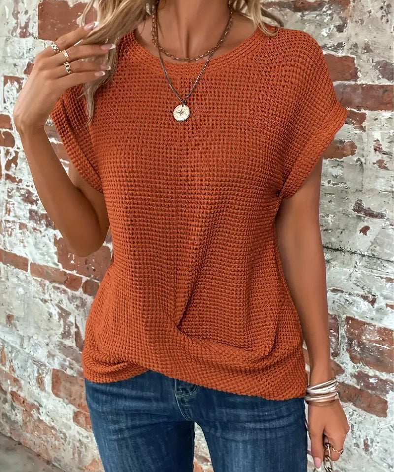 Waffle Knit Crewneck Short-Sleeve Sweatshirt